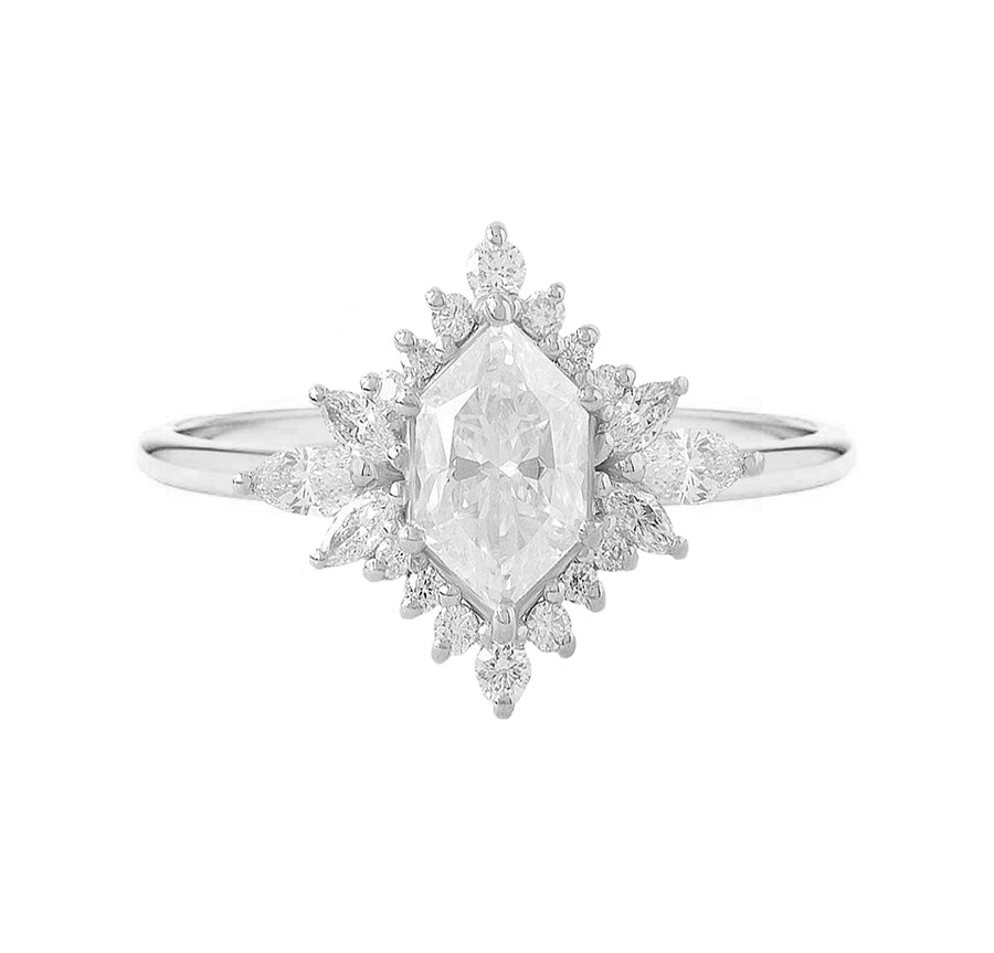 Elongated Hexagonal Halo Lab Grown Diamond Engagement Ring in 18K White Gold