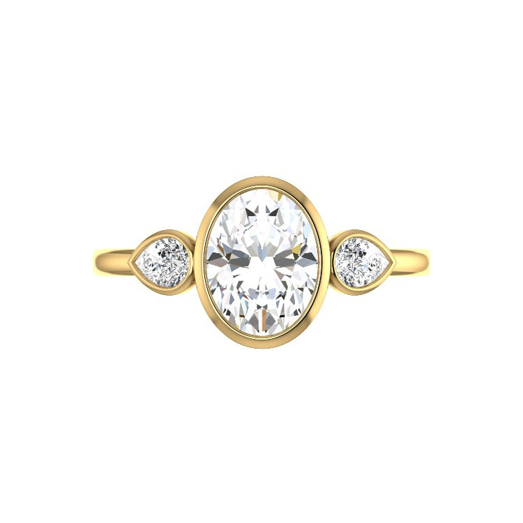 three stone bezel oval diamond engagement ring yellow gold