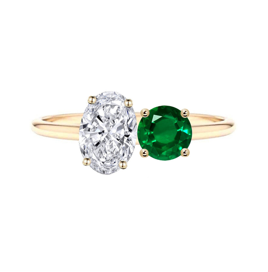Toi Et Moi Natural Diamond And Natural Emerald Engagement Ring in 18K Gold