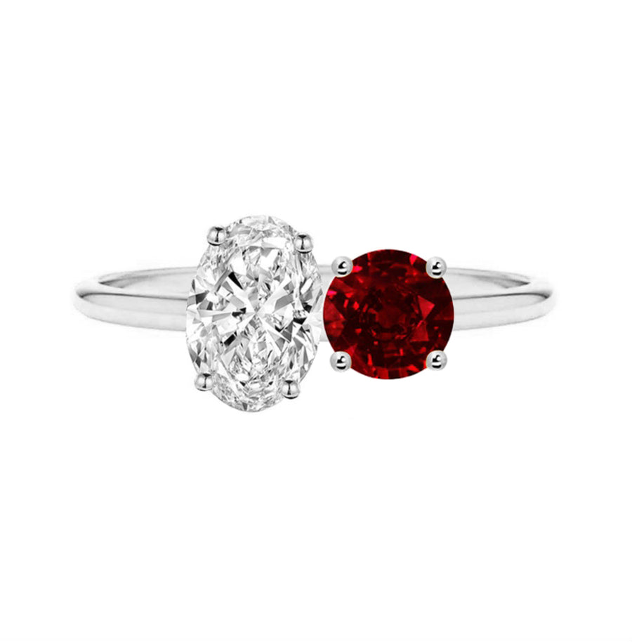 Toi Et Moi Natural Diamond And Natural Ruby Engagement Ring in 18K Gold