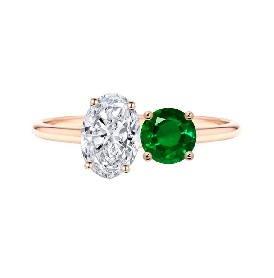 Toi Et Moi Natural Diamond And Natural Emerald Engagement Ring in 18K Gold