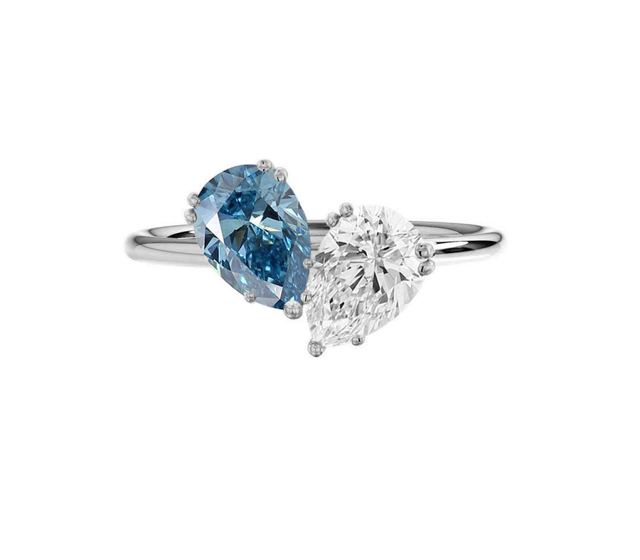 Toi Et Moi Blue Lab Grown Pear Diamond Engagement Ring in 18K Gold