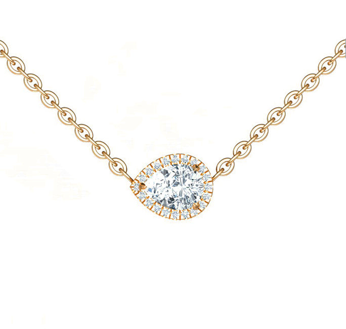 1 Carat Solitaire Floating Pear Halo Diamond Necklace in Rose gold