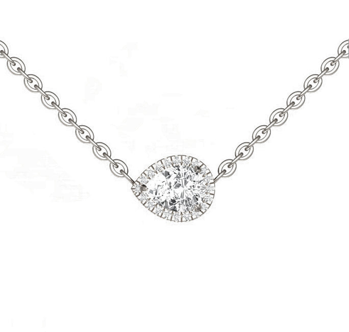 1 Carat Solitaire Floating Pear Halo Diamond Necklace in White gold