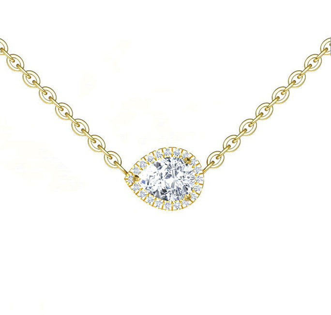 1 Carat Solitaire Floating Pear Halo Diamond Necklace in Yellow gold