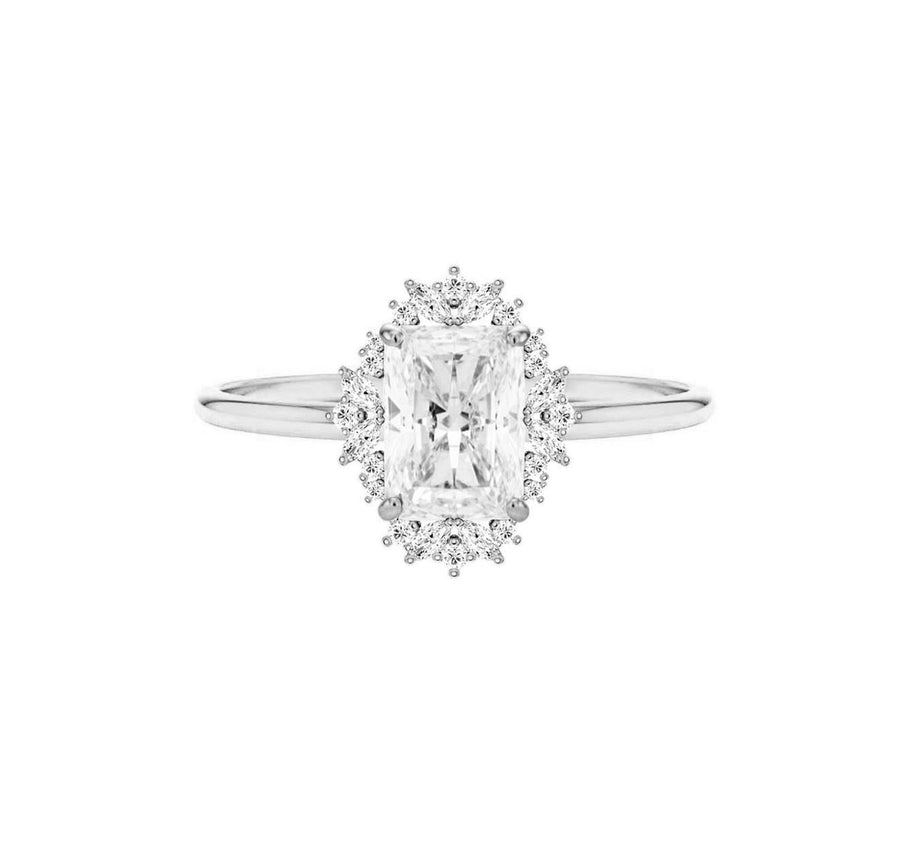 Floral Halo 2 Carat Radiant Cut Diamond Engagement Ring in 18K Gold