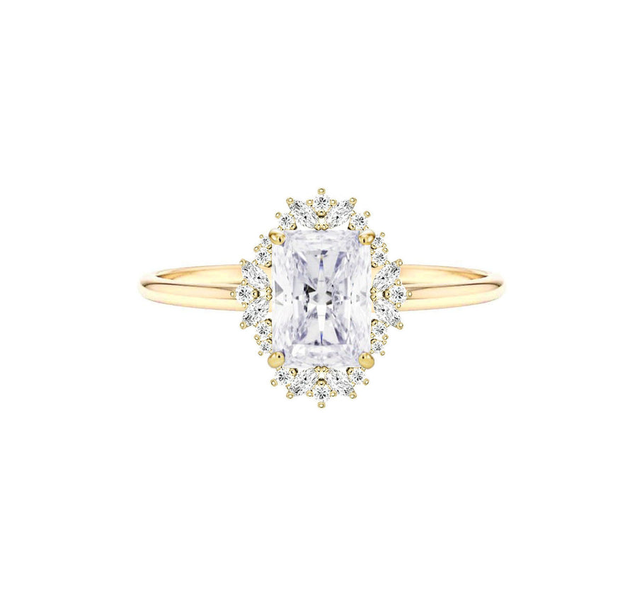 Floral Halo 2 Carat Radiant Cut Diamond Engagement Ring in 18K Gold