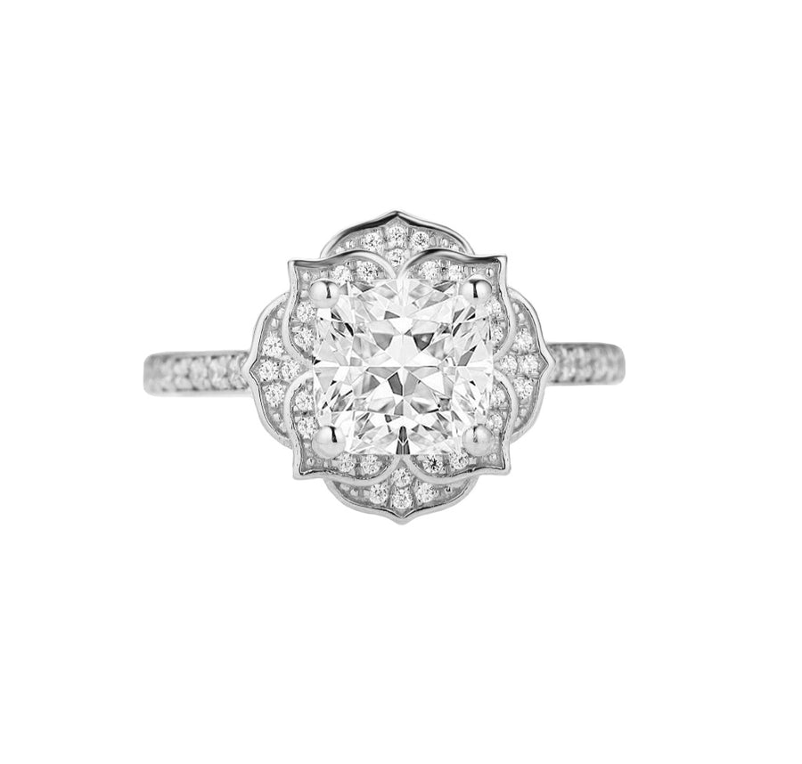Peony Cushion Cut Natural Diamond Engagement Ring in 18K Gold