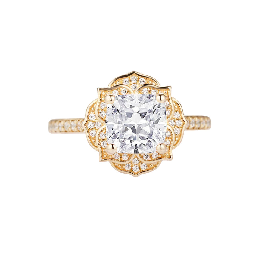 Peony Cushion Cut Natural Diamond Engagement Ring in 18K Gold