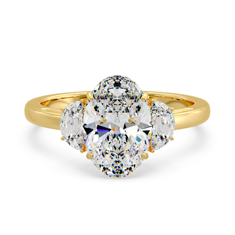 Three Stone Half Moon Oval Lab Grown Diamond Engagement Ring in 18K Gold