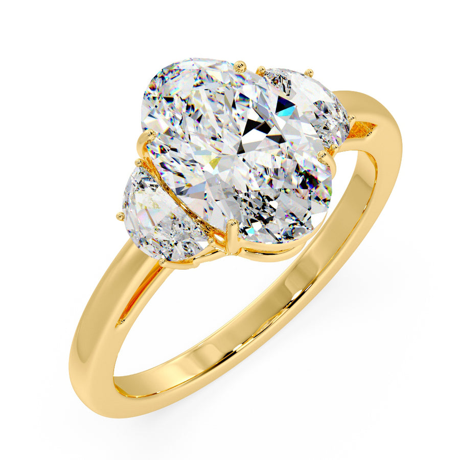 Three Stone Half Moon Oval Lab Grown Diamond Engagement Ring in 18K Gold