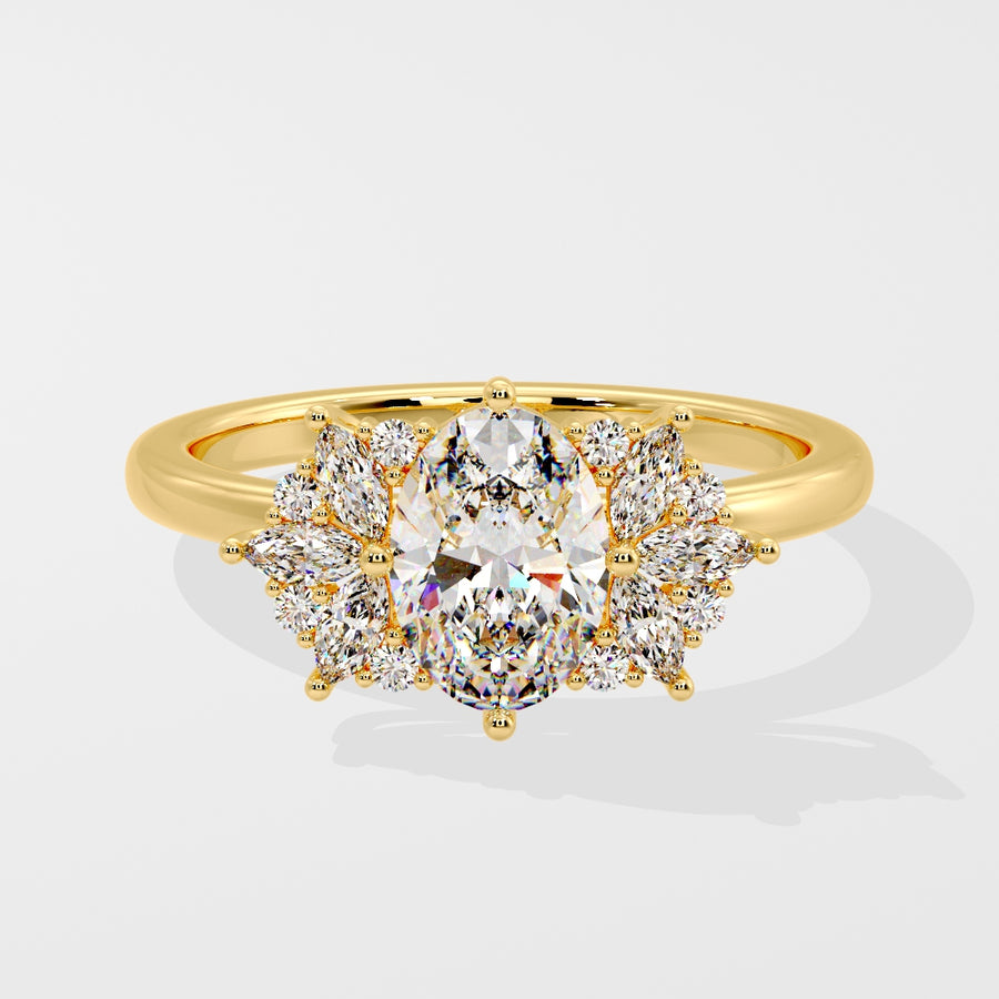 Samantha Floral Cluster Oval Lab Grown Diamond Engagement Ring in 18K Gold