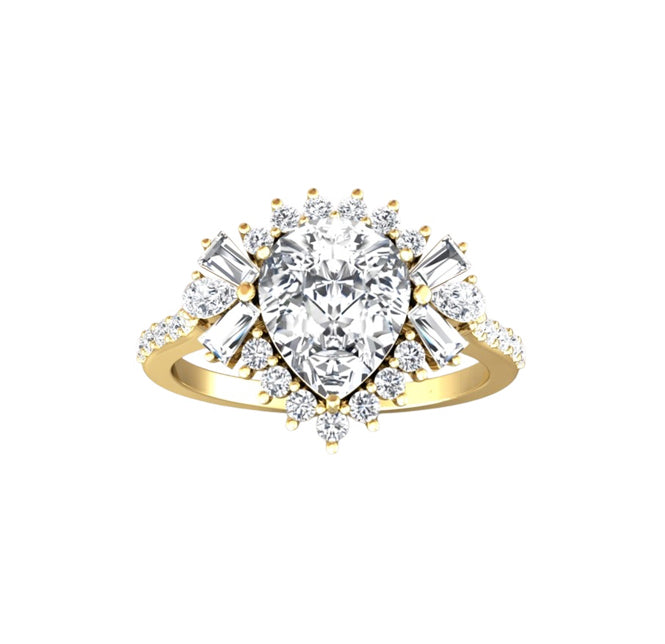 Art Deco 2 Carat Lab Grown Pear Diamond Engagement Ring in 18K Gold