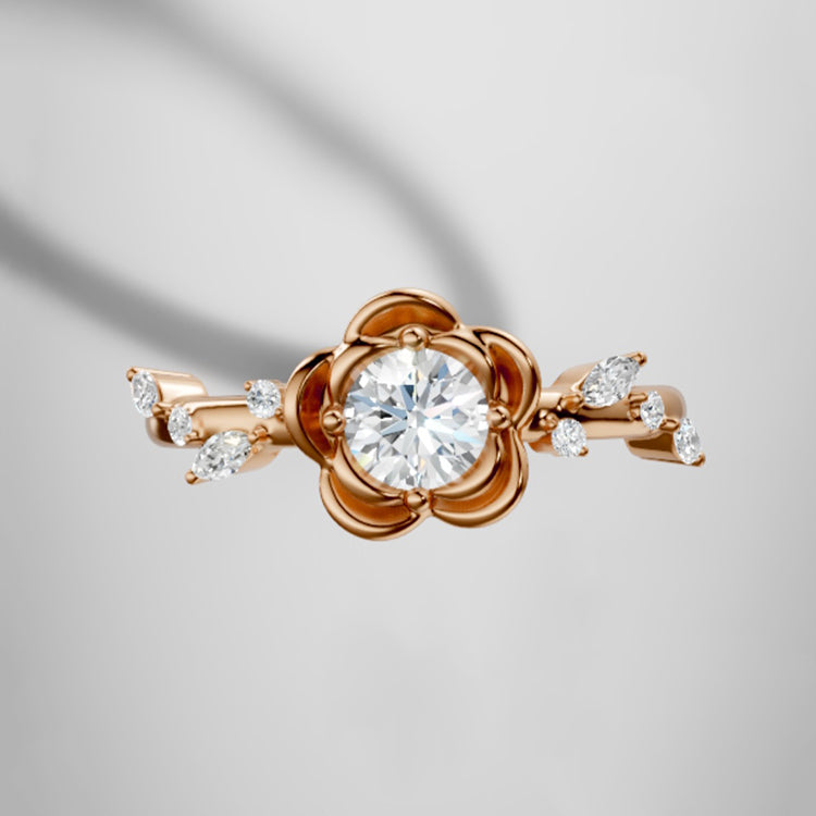 Rose Flower Natural Round Diamond Engagement Ring in 18K Gold