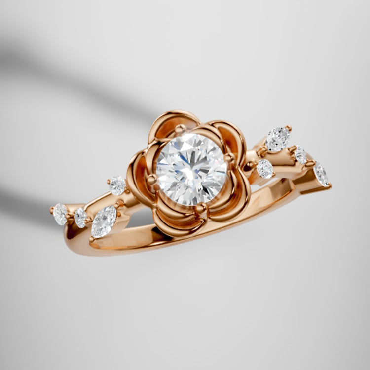 Rose Flower Natural Round Diamond Engagement Ring in 18K Gold