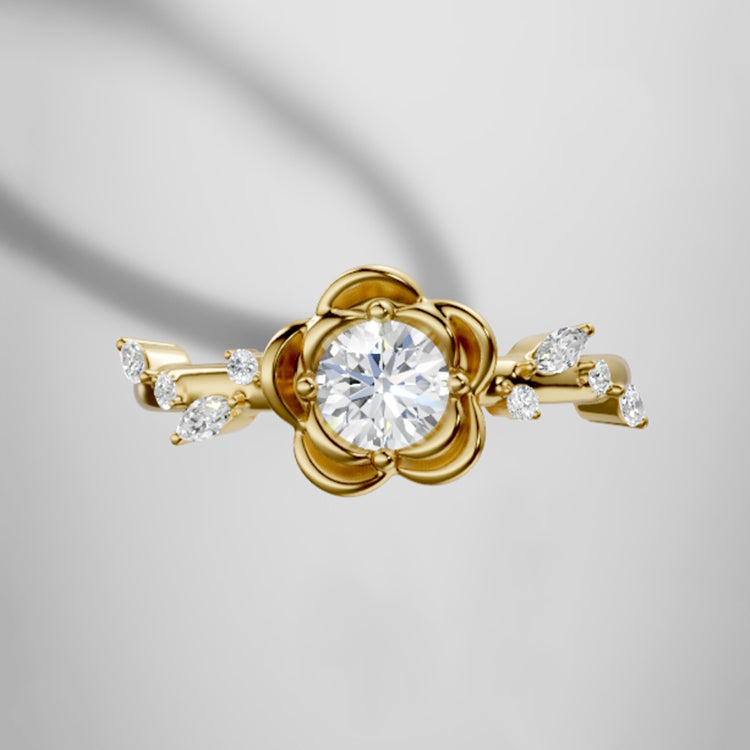 Rose Flower Natural Round Diamond Engagement Ring in 18K Gold