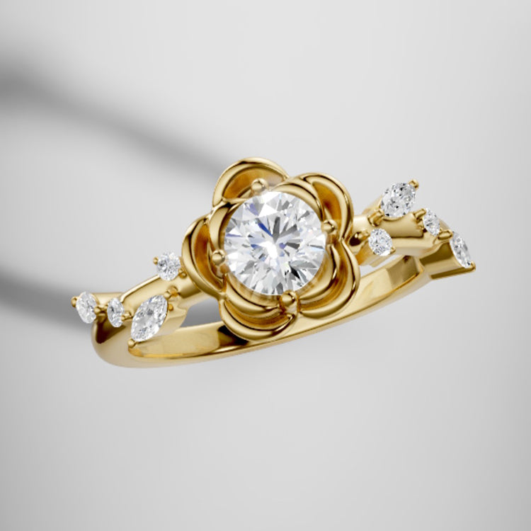 Rose Flower Natural Round Diamond Engagement Ring in 18K Gold