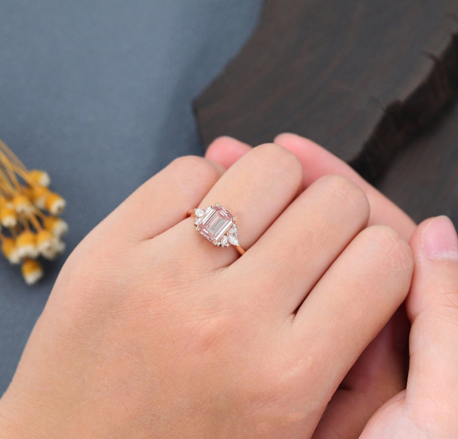 Samantha Floral Cluster Emerald Cut Lab Grown Pink Diamond Engagement Ring in 18K Gold