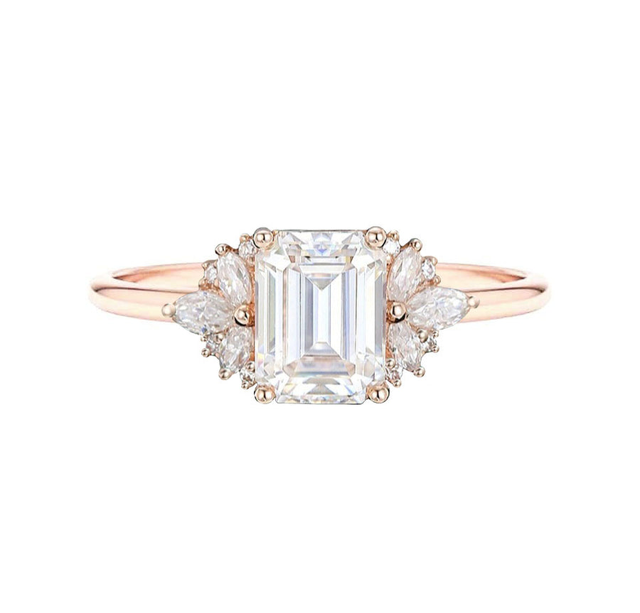 Floral Cluster Natural Emerald Cut Diamond Engagement Ring in 18K Rose Gold