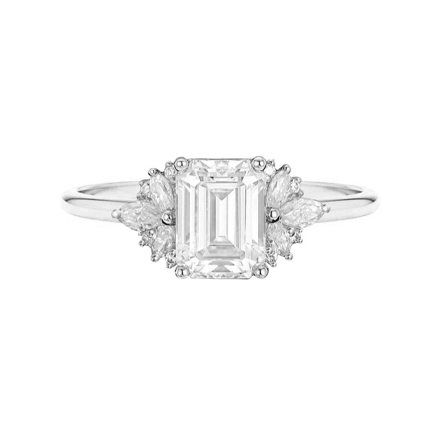 Floral Cluster Natural Emerald Cut Diamond Engagement Ring in 18K White Gold