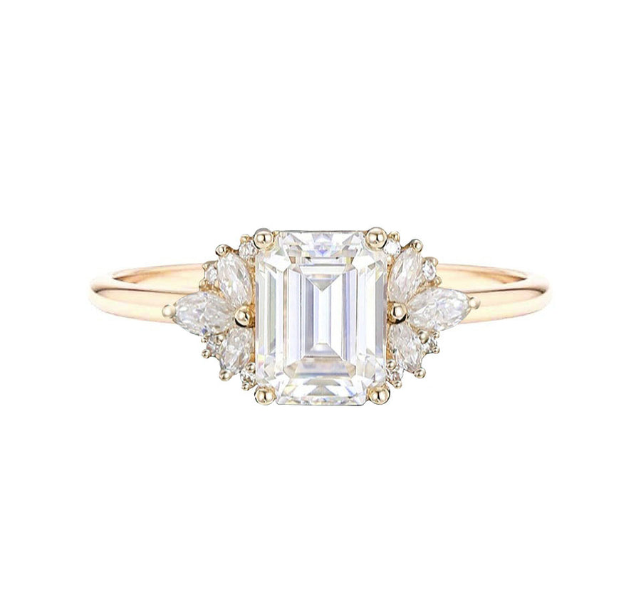 Floral Cluster Natural Emerald Cut Diamond Engagement Ring in 18K Yellow Gold