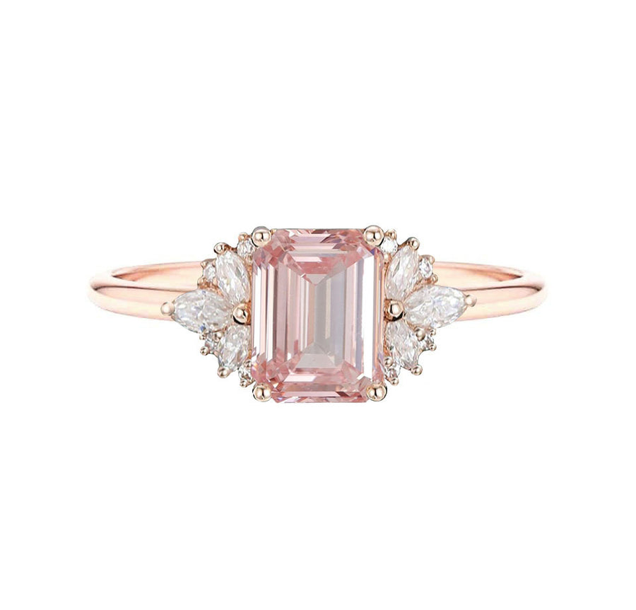 Floral Cluster Emerald Cut Lab Grown Pink Diamond Engagement Ring in 18K Rose Gold