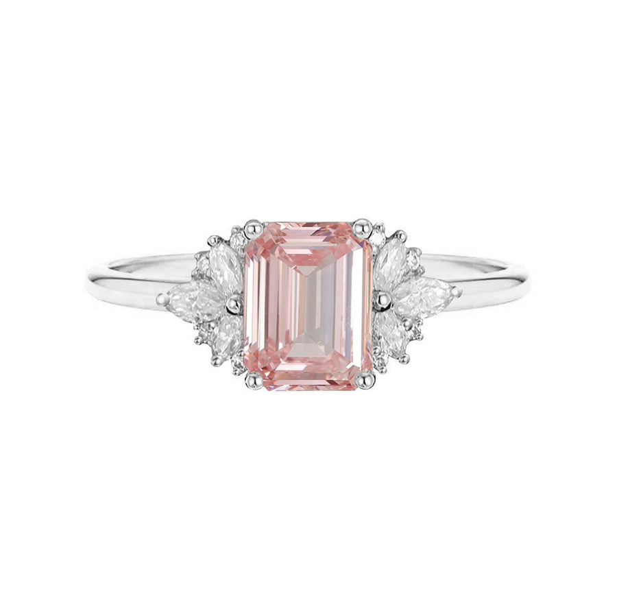 Floral Cluster Emerald Cut Lab Grown Pink Diamond Engagement Ring in 18K White Gold