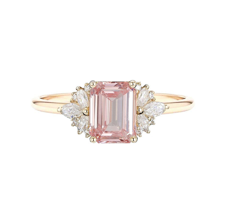 Floral Cluster Emerald Cut Lab Grown Pink Diamond Engagement Ring in 18K Yellow Gold