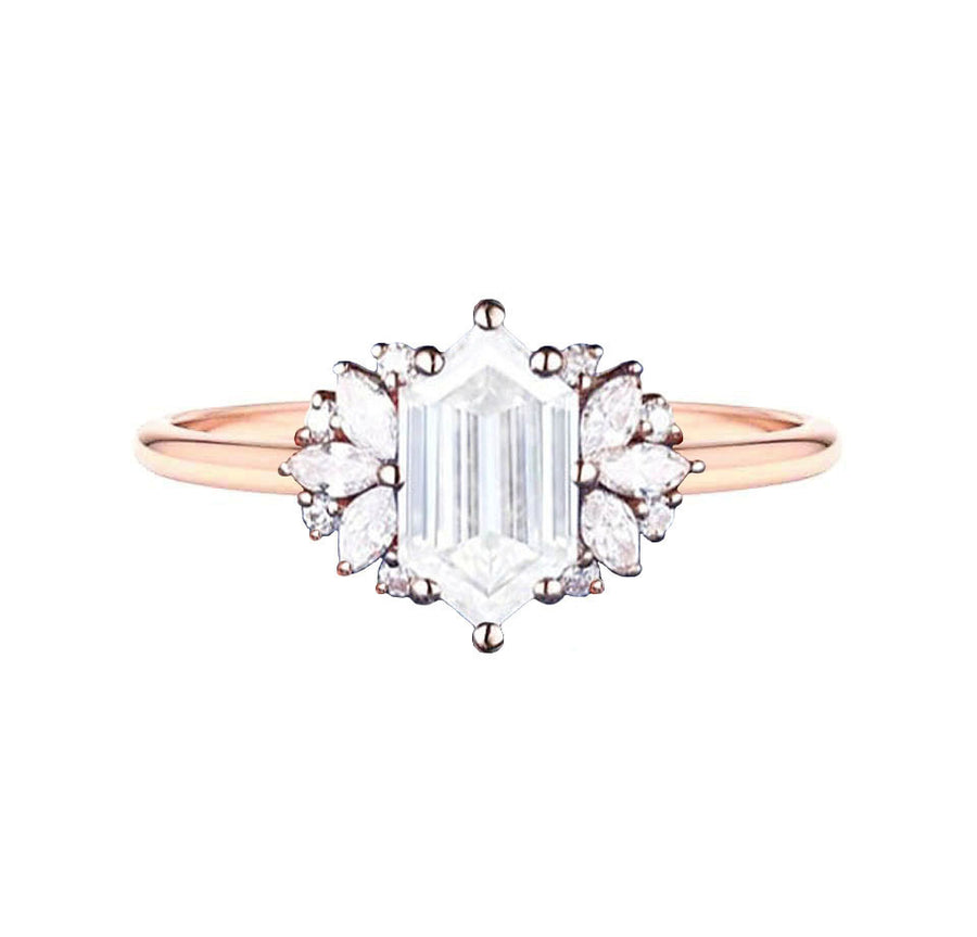 Floral Cluster Hexagonal Lab Diamond Engagement Ring in 18K Rose Gold
