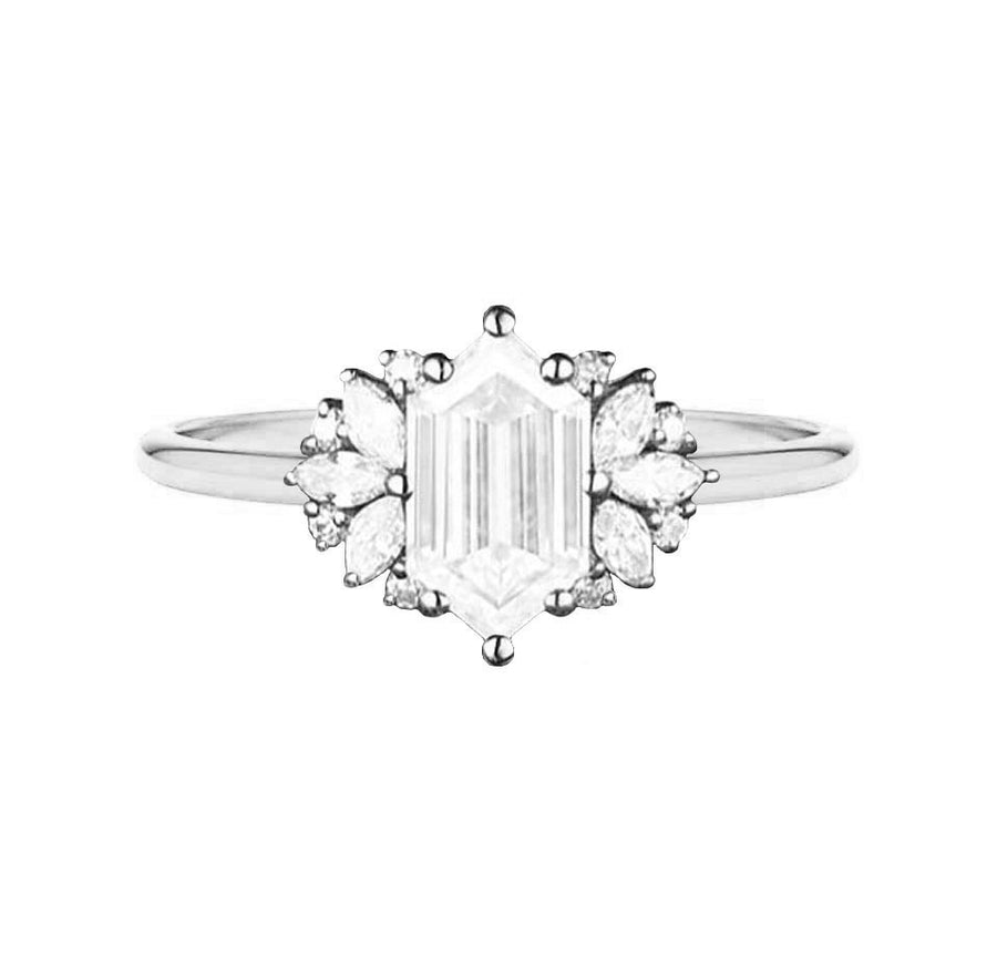 Floral Cluster Hexagonal Lab Diamond Engagement Ring in 18K White Gold