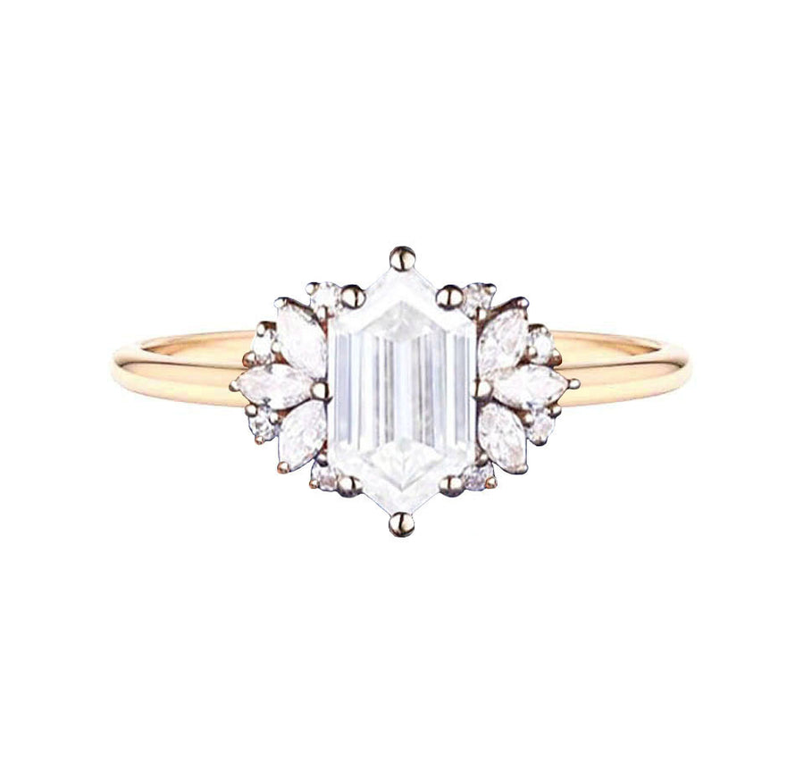 Floral Cluster Hexagonal Lab Diamond Engagement Ring in 18K Yellow Gold