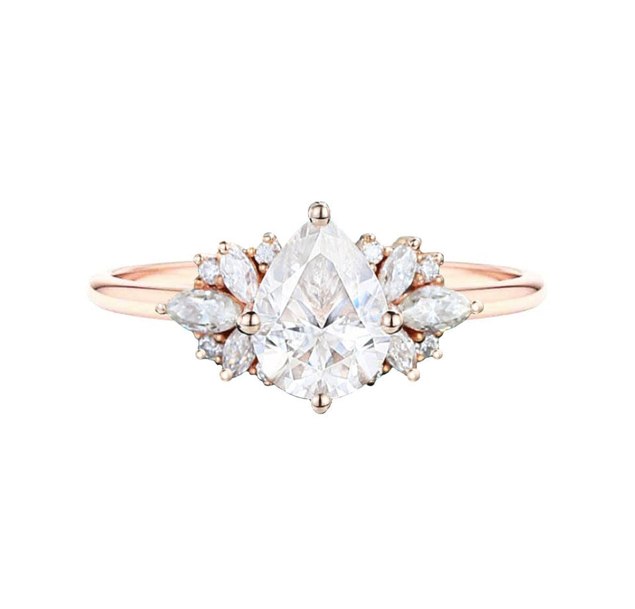 Floral Cluster Natural Pear Cut Diamond Engagement Ring in 18K Rose Gold