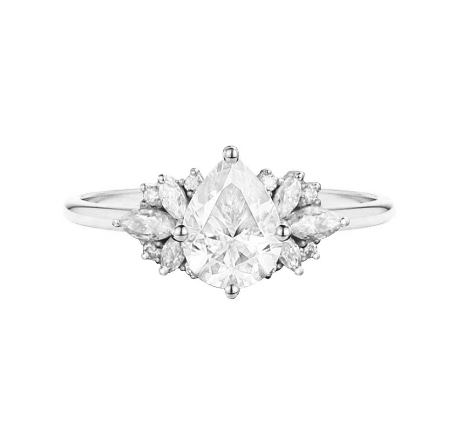 Floral Cluster Natural Pear Cut Diamond Engagement Ring in 18K White Gold