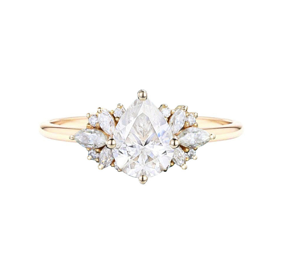 Floral Cluster Natural Pear Cut Diamond Engagement Ring in 18K Yellow Gold