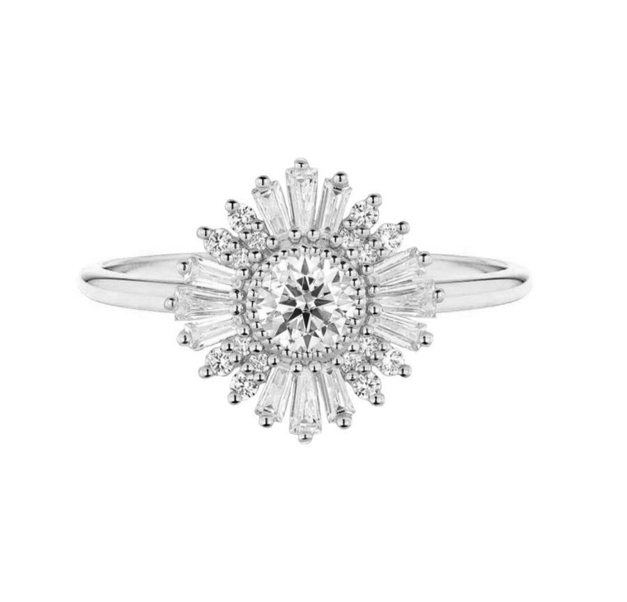 Stella Art Deco 1 Carat Natural Round Diamond Engagement Ring in 18K Gold