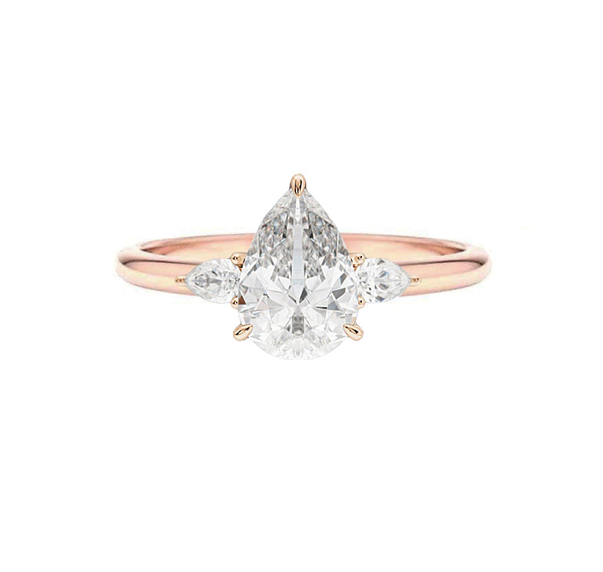 2 Carat Three Stone Pear Natural Diamond Engagement Ring in 18K Gold