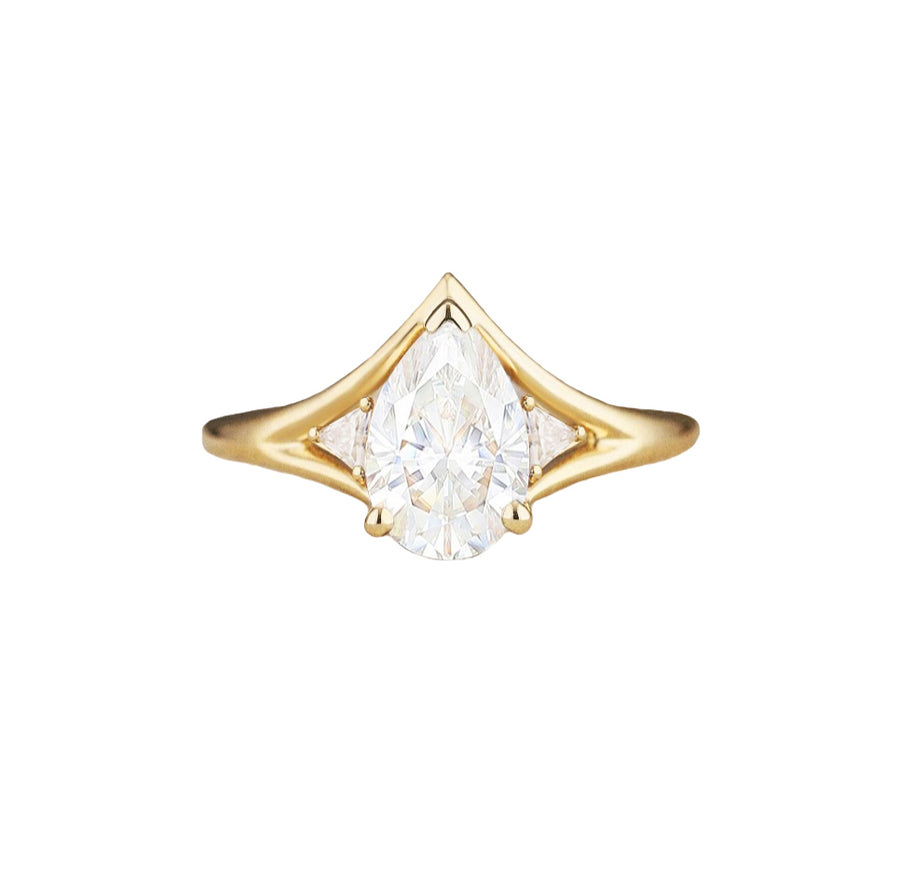 Unique Three Stone Pear Lab Grown Diamond Engagement Ring in 18K Gold
