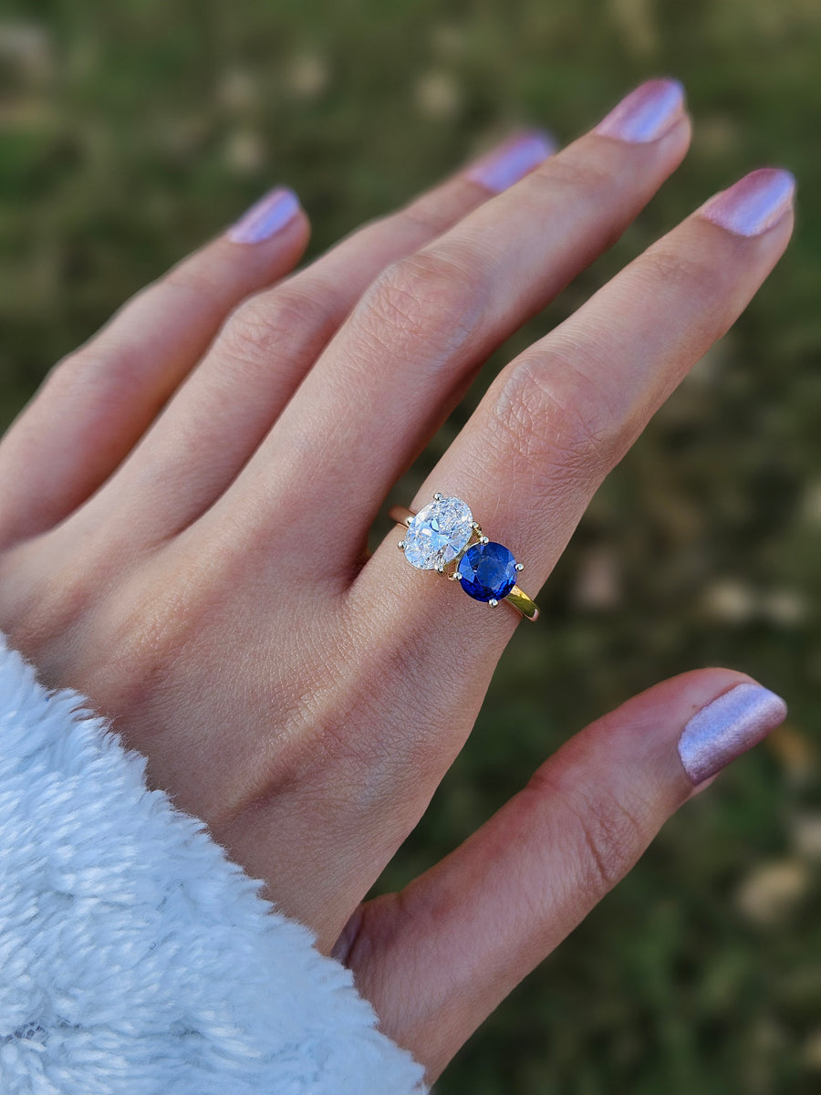 Toi Et Moi Natural Diamond And Natural Blue Sapphire Engagement Ring in 18K Gold