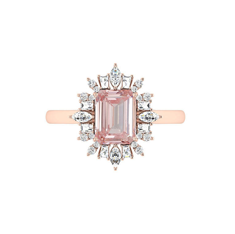 Art Deco 3 Carat Lab Grown Pink Emerald Diamond Engagement Ring in 18K Rose Gold