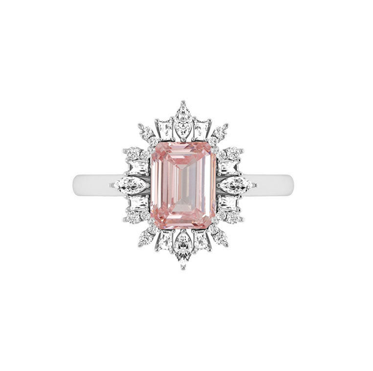 Art Deco 3 Carat Lab Grown Pink Emerald Diamond Engagement Ring in 18K White Gold