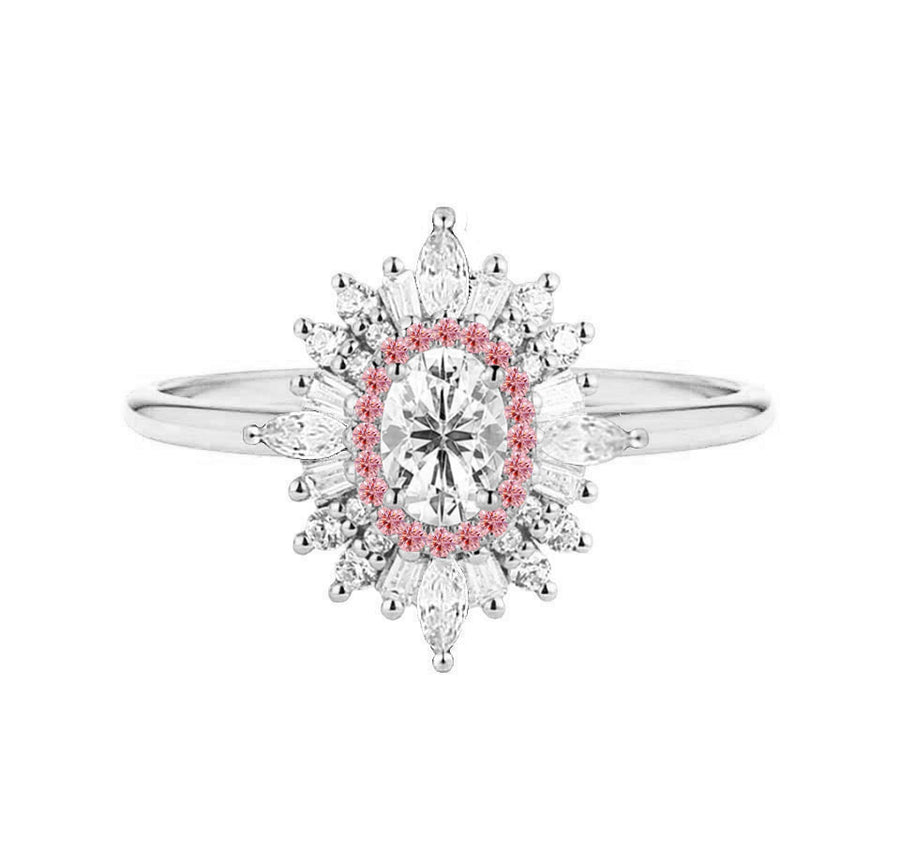 art deco pink halo diamond ring white gold