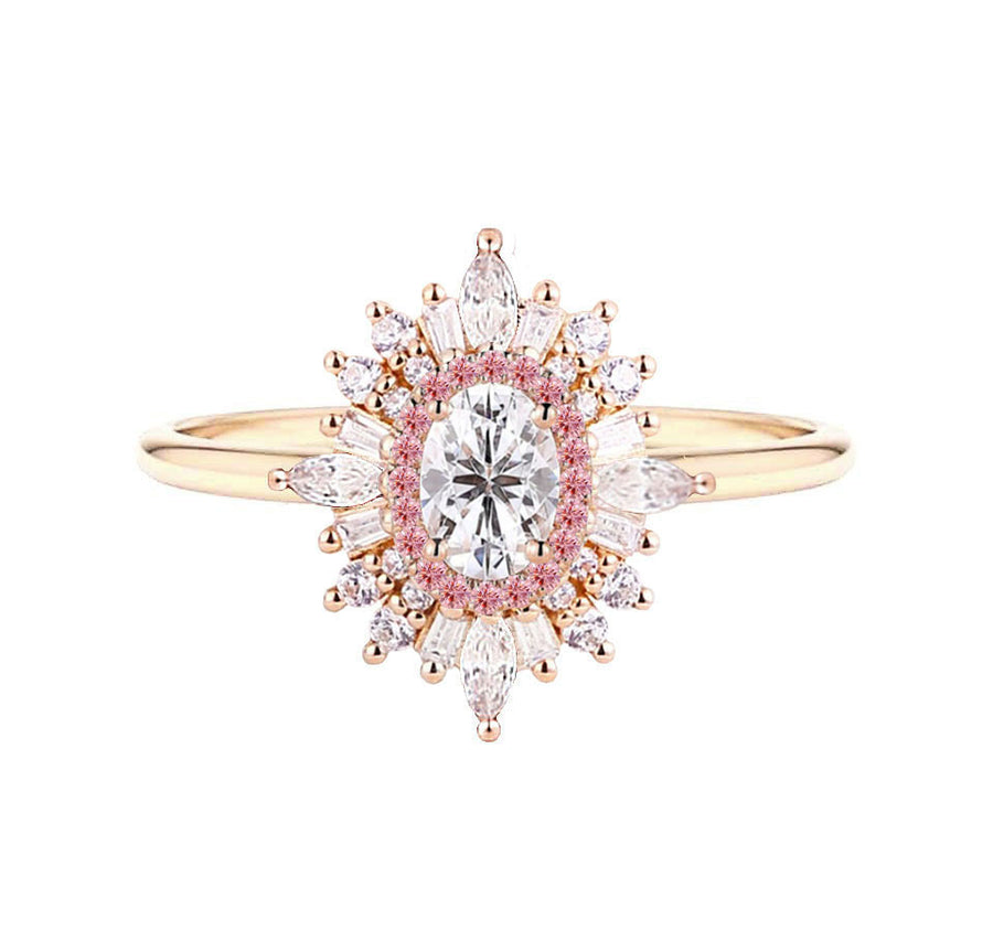 art deco pink halo diamond ring yellow gold