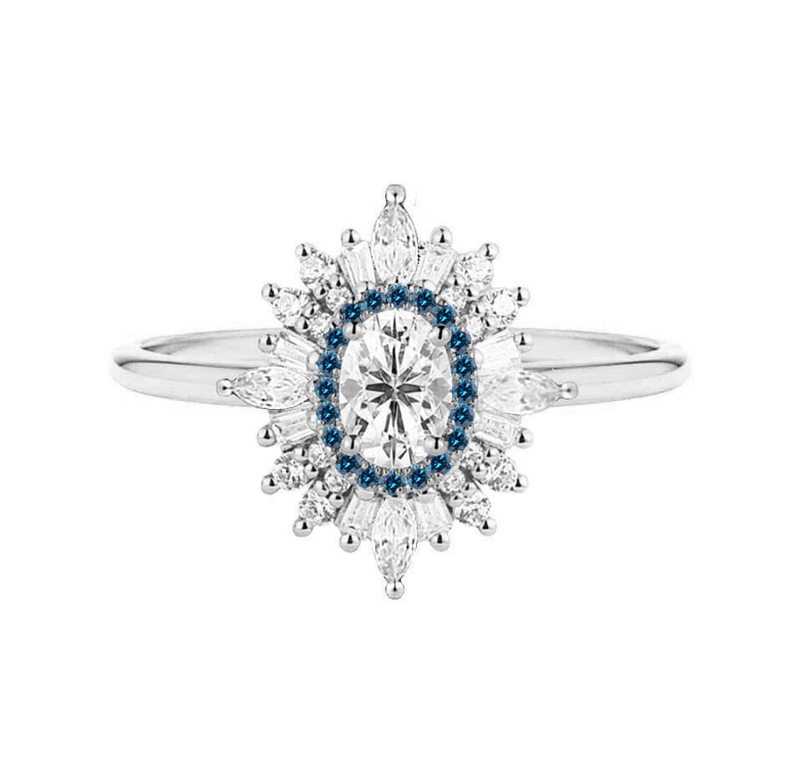 Vienna Art Deco Blue Halo Lab Grown Diamond Engagement Ring in 18K Gold