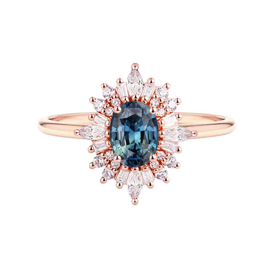Vienna Art Deco Teal Sapphire Engagement Ring in 18K Gold