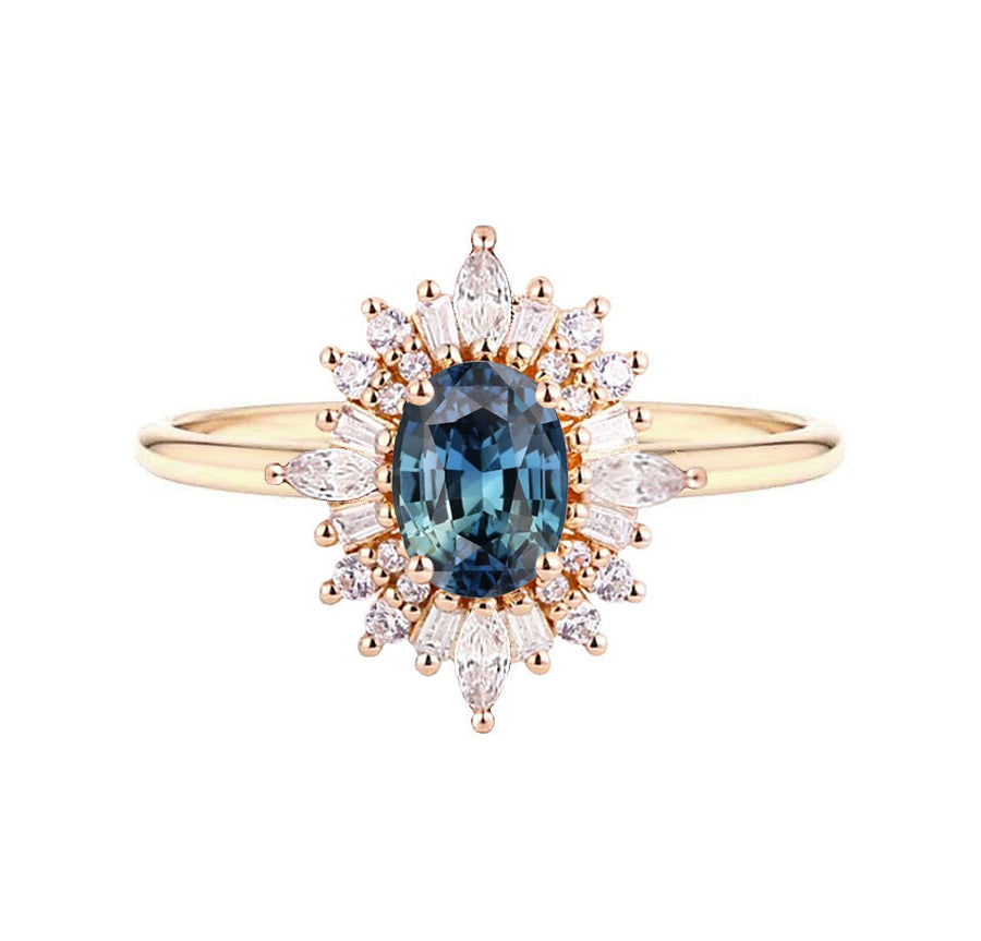 Vienna Art Deco Teal Sapphire Engagement Ring in 18K Gold