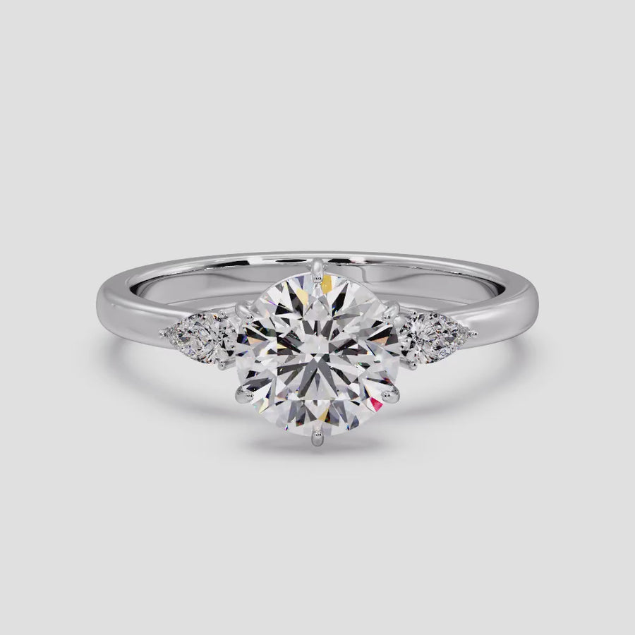 Three Stone Six Prong 2 Carat Round Lab Diamond Engagement Ring in 14K Gold