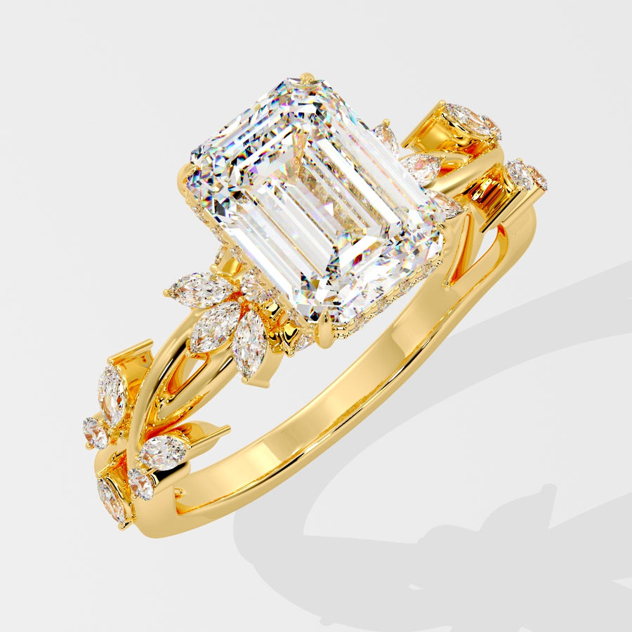 3 Carat Nature Inspired Emerald Cut Lab Diamond Engagement Ring in 18K Gold