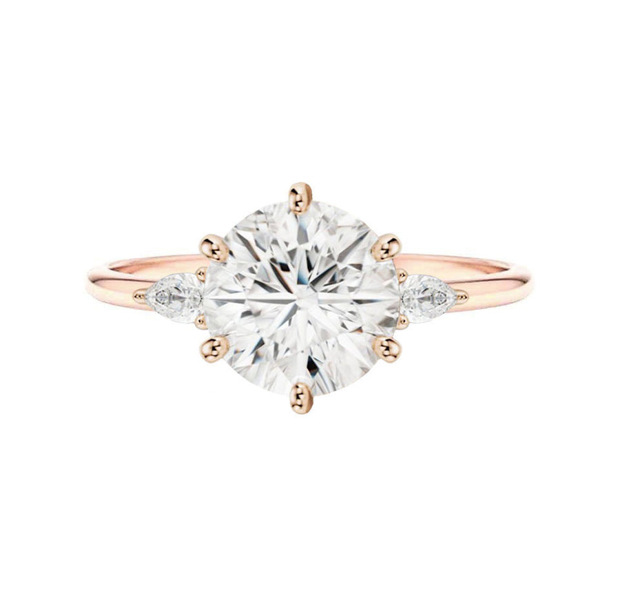 Three Stone Six Prong Round Natural Diamond Engagement Ring in 14K Gold