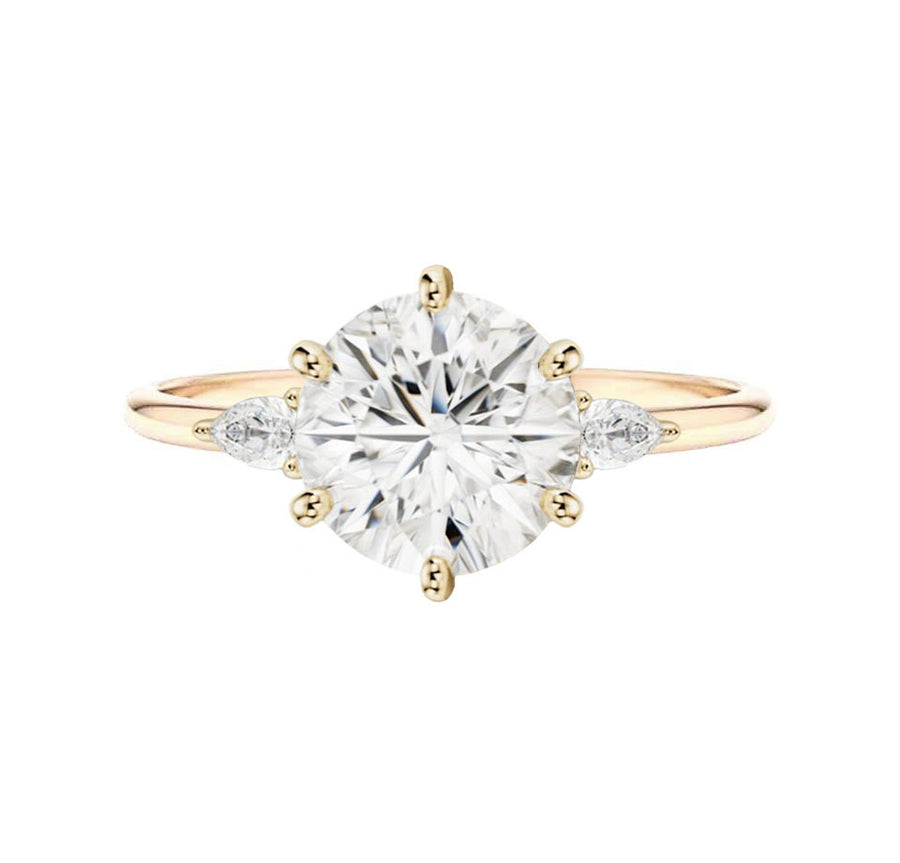 Three Stone Six Prong Round Natural Diamond Engagement Ring in 14K Gold