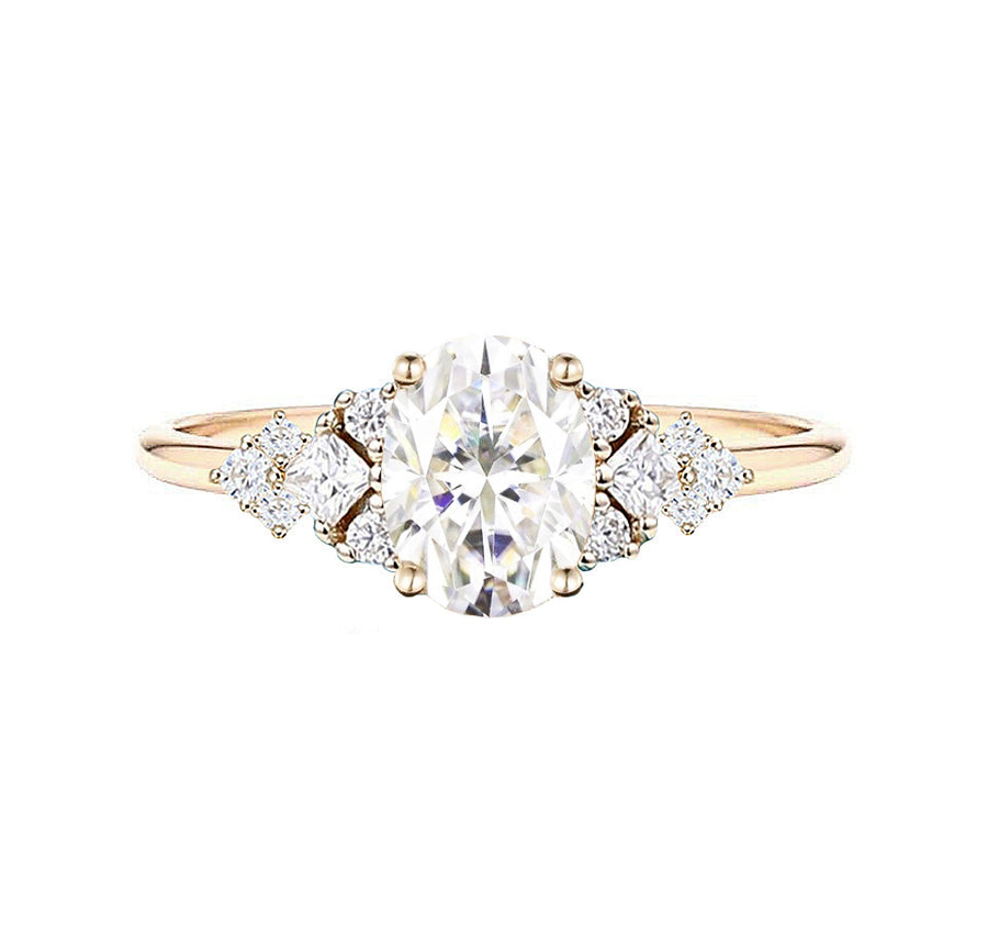 Art Deco Cluster Oval Lab Grown Diamond Engagement Ring in 18K Gold